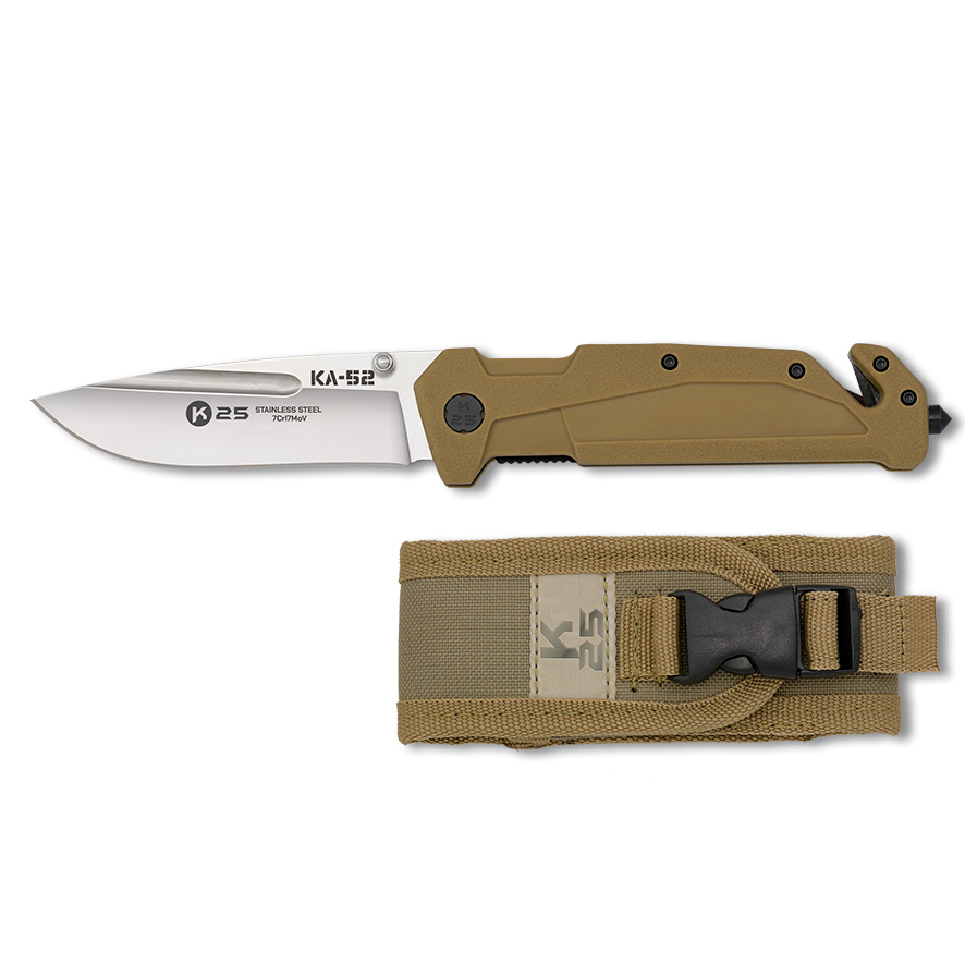 Navaja táctica KA52 con hoja de 9 cm y mango de goma marrón con corta cinturón y punta rompecristales