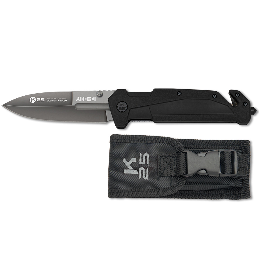 Taktisches Messer AH64 mit 9 cm Klinge und schwarzem Gummigriff mit Gürtelschneider und Glasbrecherspitze