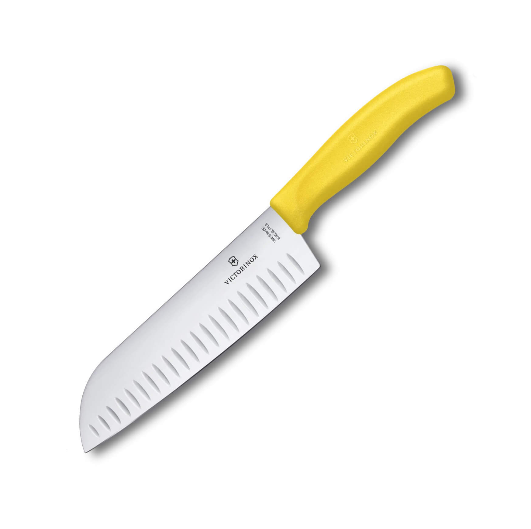 Cuchillo Santoku alveolado Victorinox de mango amarillo con hoja ...