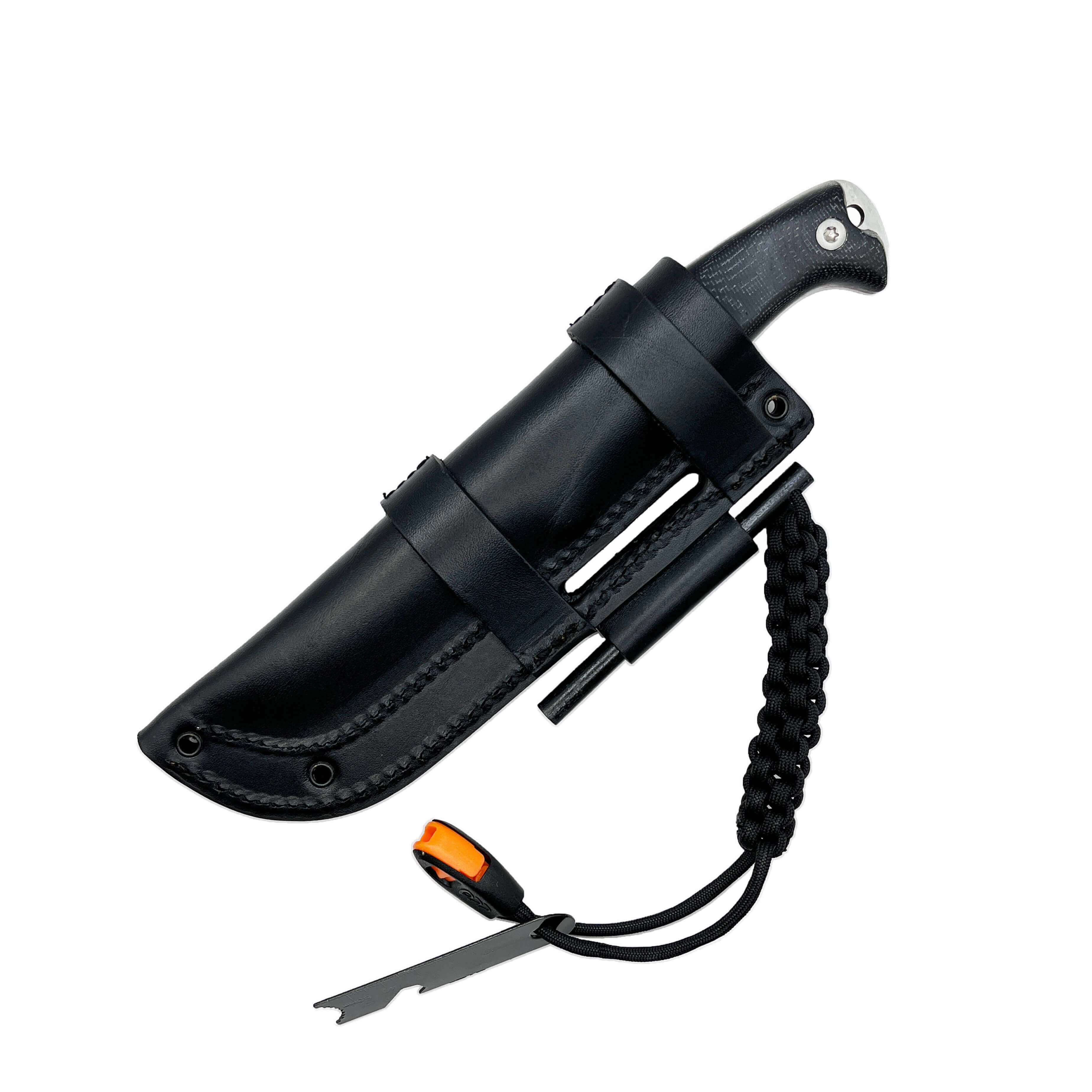 Cuchillo bushcraft Amarok-4F con mango de micarta negra y hoja de 4" filo plano con pedernal