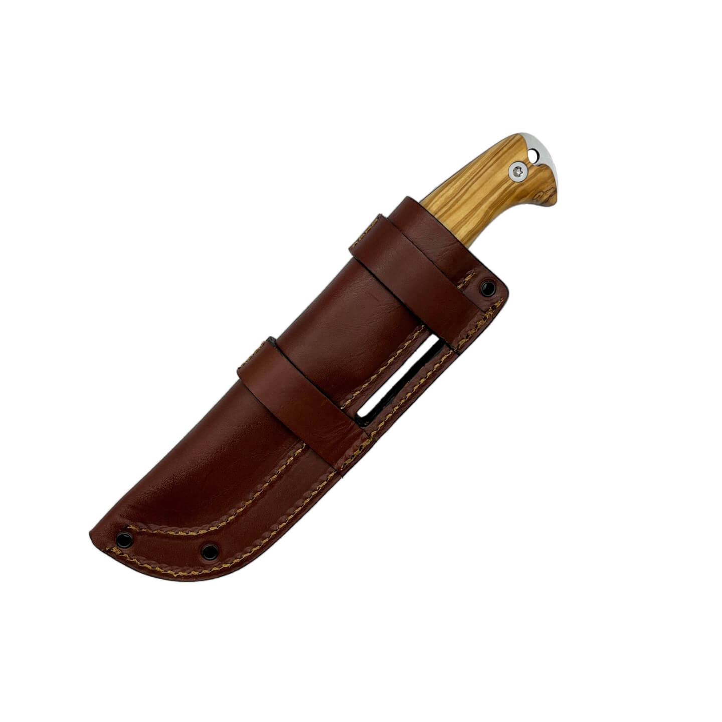 Cuchillo bushcraft Amarok-4S con mango de madera de olivo y hoja de 4" vaciado escandi