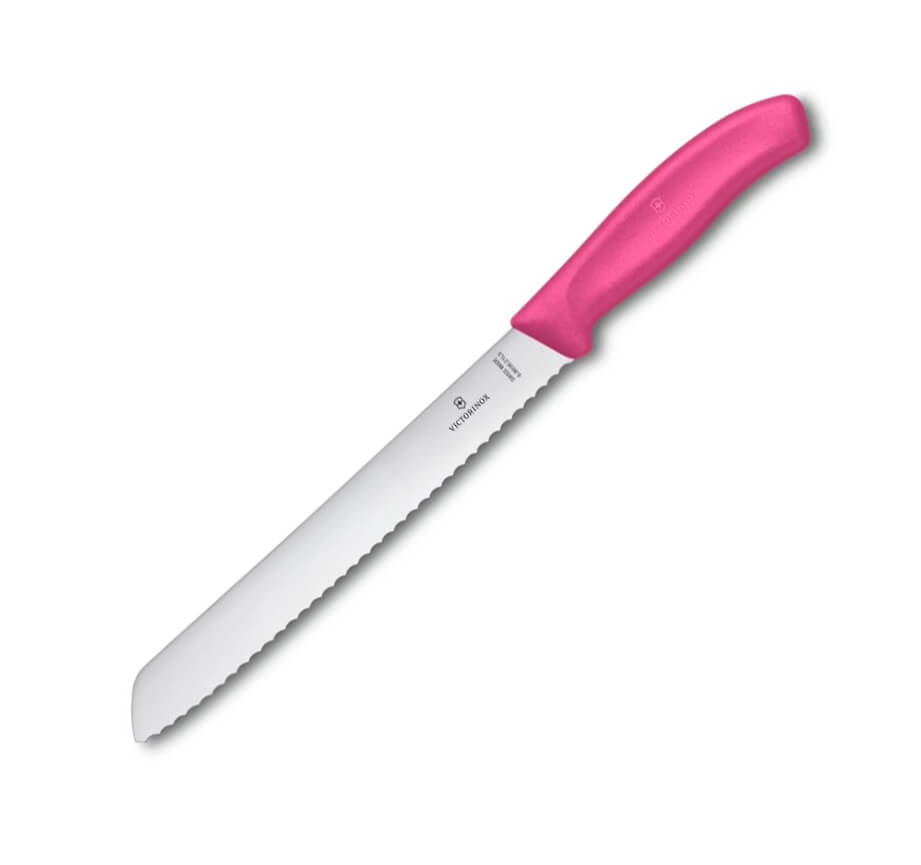 Cuchillo panero Victorinox de mango rosa con hoja de 21 cm y filo...