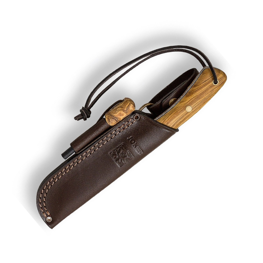 Facas de bushcraft com cabo de madeira de oliveira Joker Nessmuk e sílex