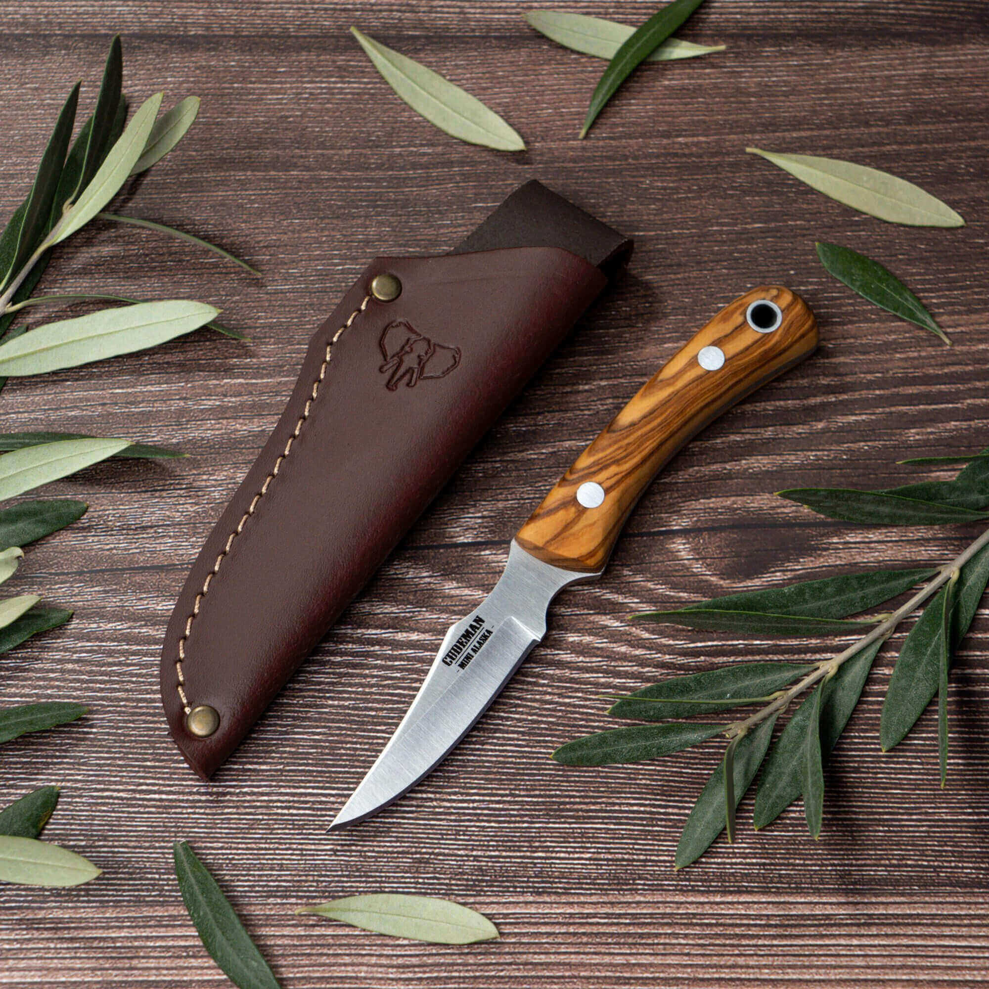 Cuchillo Cudeman Mini Alaska con mango de madera de olivo y funda de cuero