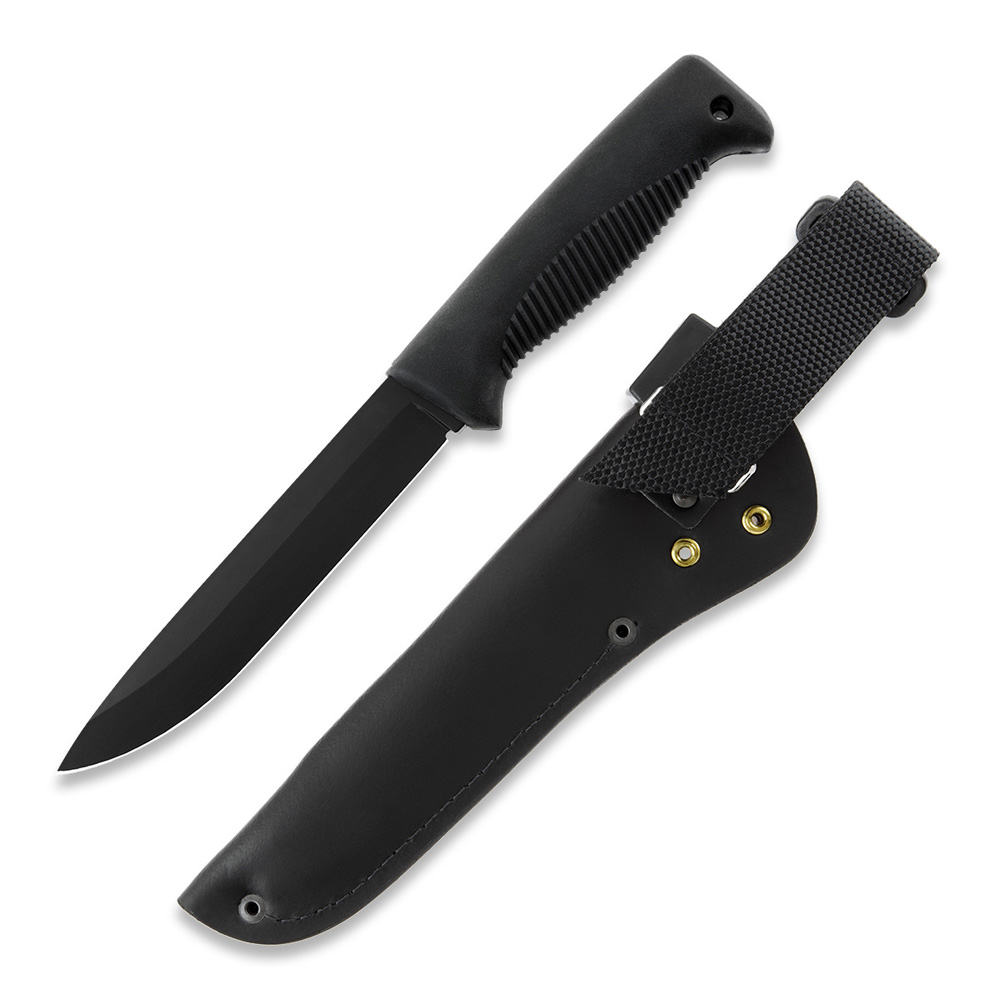 Cuchillo M95 Ranger Puukko con hoja teflonada, mango de TPE negro y funda de piel negra