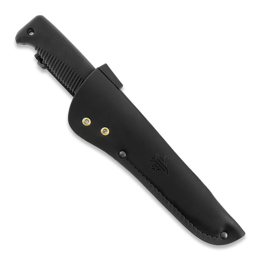 Cuchillo M95 Ranger Puukko con hoja teflonada, mango de TPE negro y funda de piel negra