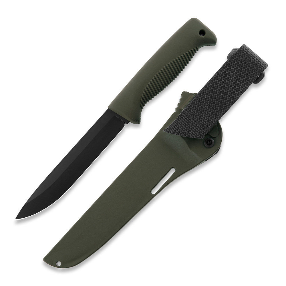 Faca Puukko M95 Ranger com lâmina revestida a Teflon, cabo em TPE verde e bainha composta verde