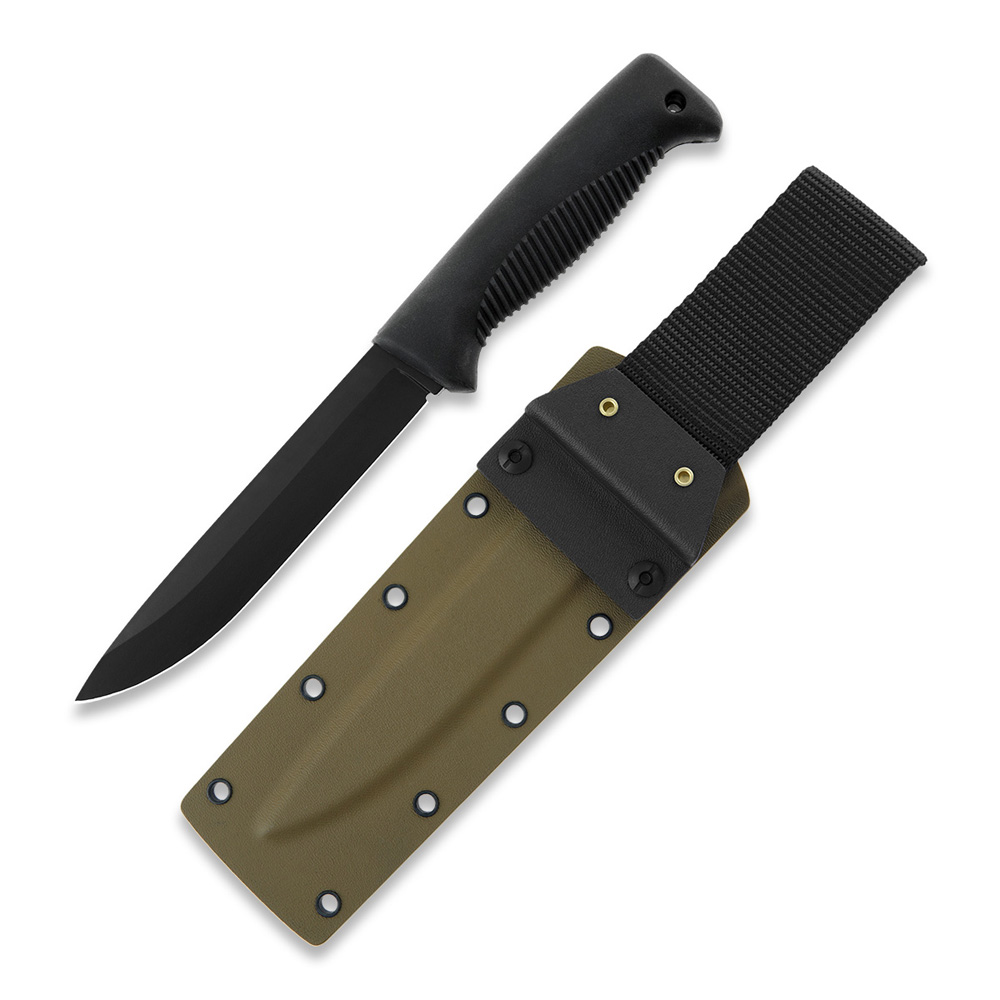 Cuchillo M95 Ranger Puukko con hoja teflonada, mango de TPE negro y funda kydex coyote