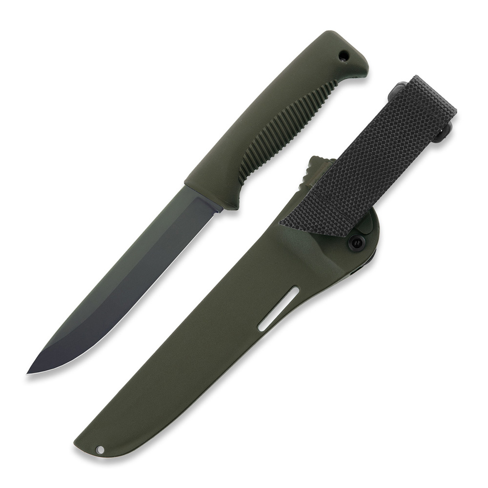 Cuchillo M95 Ranger Puukko con hoja recubierta de cerakote OD y mango de TPE verde y funda de composite verde