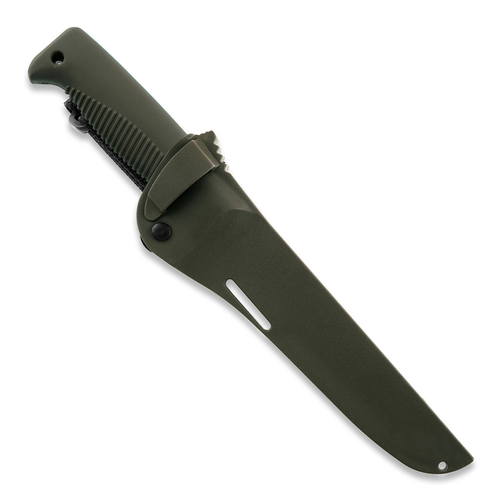 Cuchillo M95 Ranger Puukko con hoja recubierta de cerakote OD y mango de TPE verde y funda de composite verde