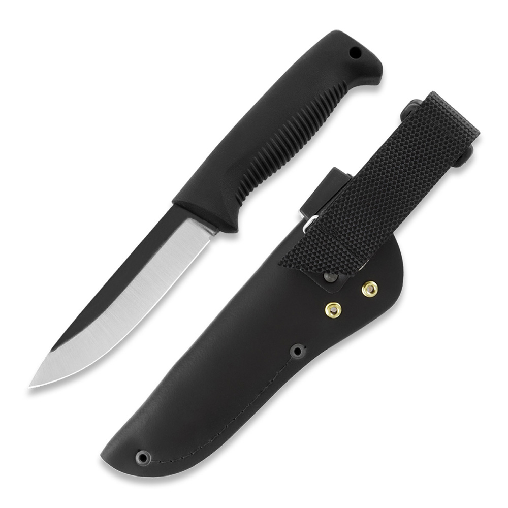 Faca M07 Ranger Puukko com cabo em TPE preto e bainha em pele preta