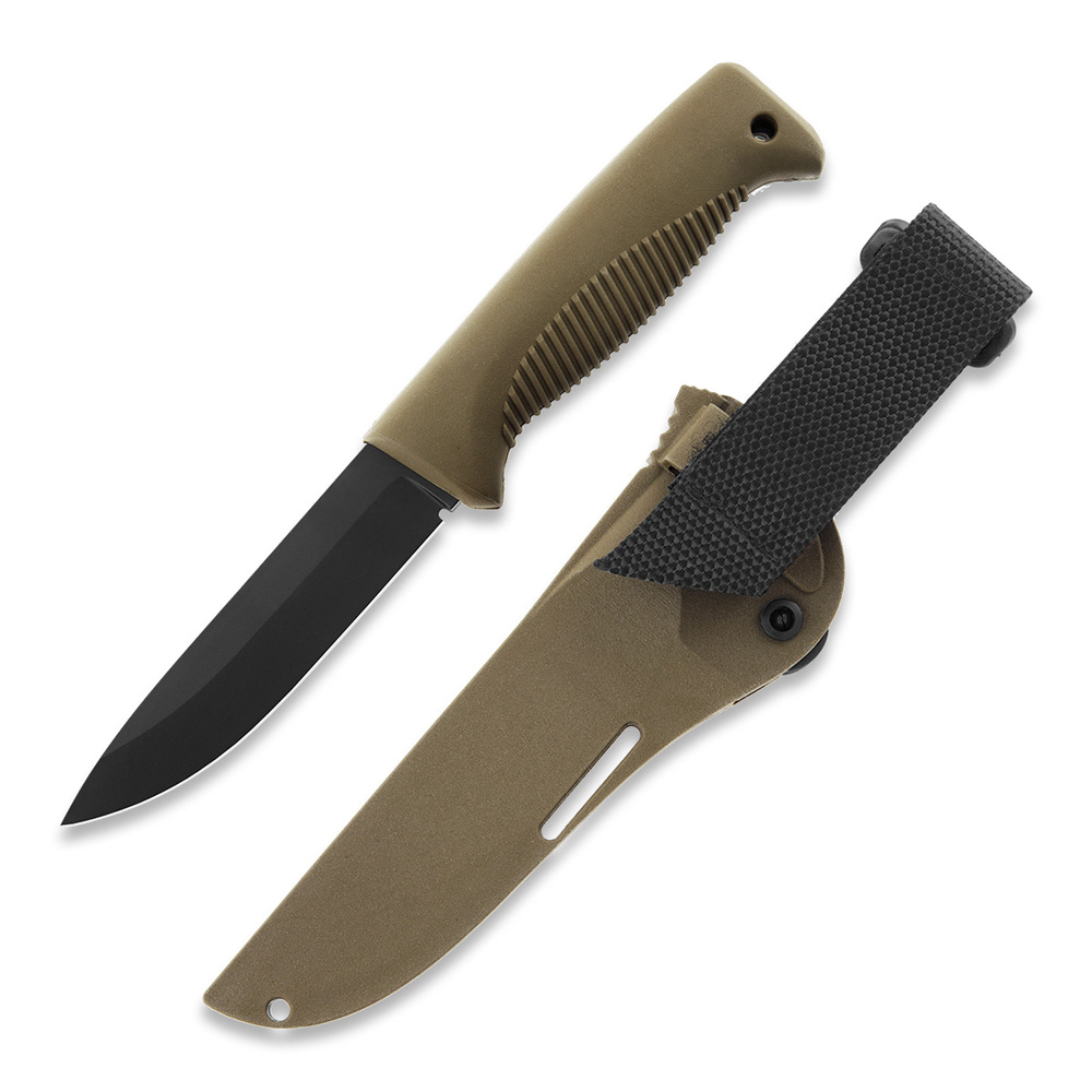 Cuchillo M07 Ranger Puukko con recubrimiento PTFE negro en la hoja y mango de TPE coyote y funda de composite coyote
