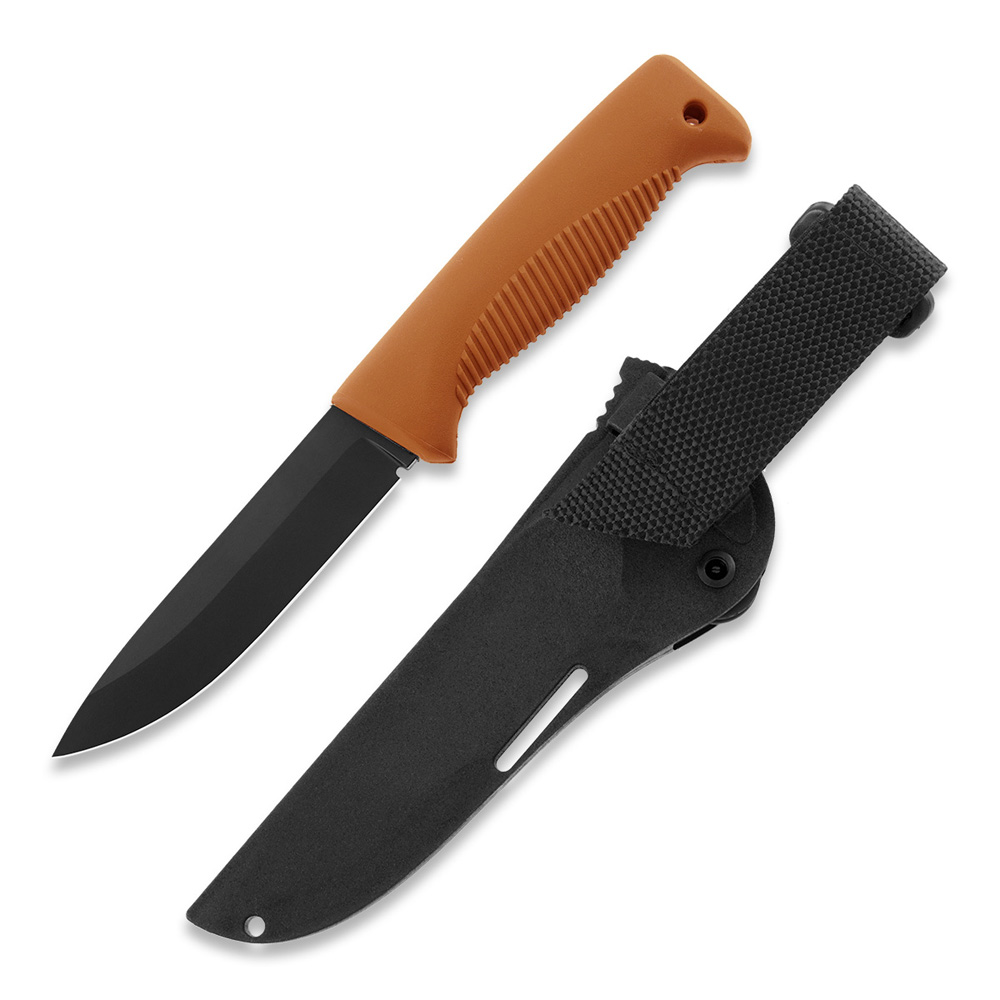 Faca Puukko M07 Ranger com revestimento PTFE preto na lâmina e cabo TPE laranja e bainha composta preta