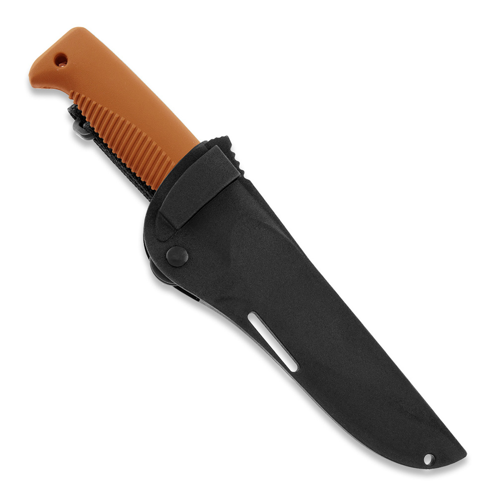 Faca Puukko M07 Ranger com revestimento PTFE preto na lâmina e cabo TPE laranja e bainha composta preta