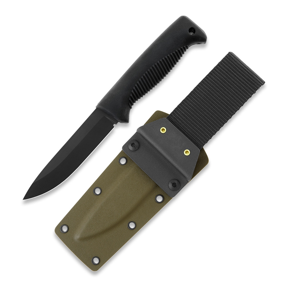 Cuchillo M07 Ranger Puukko con recubrimiento PTFE negro en la hoja y mango de TPE negro y funda kydex coyote