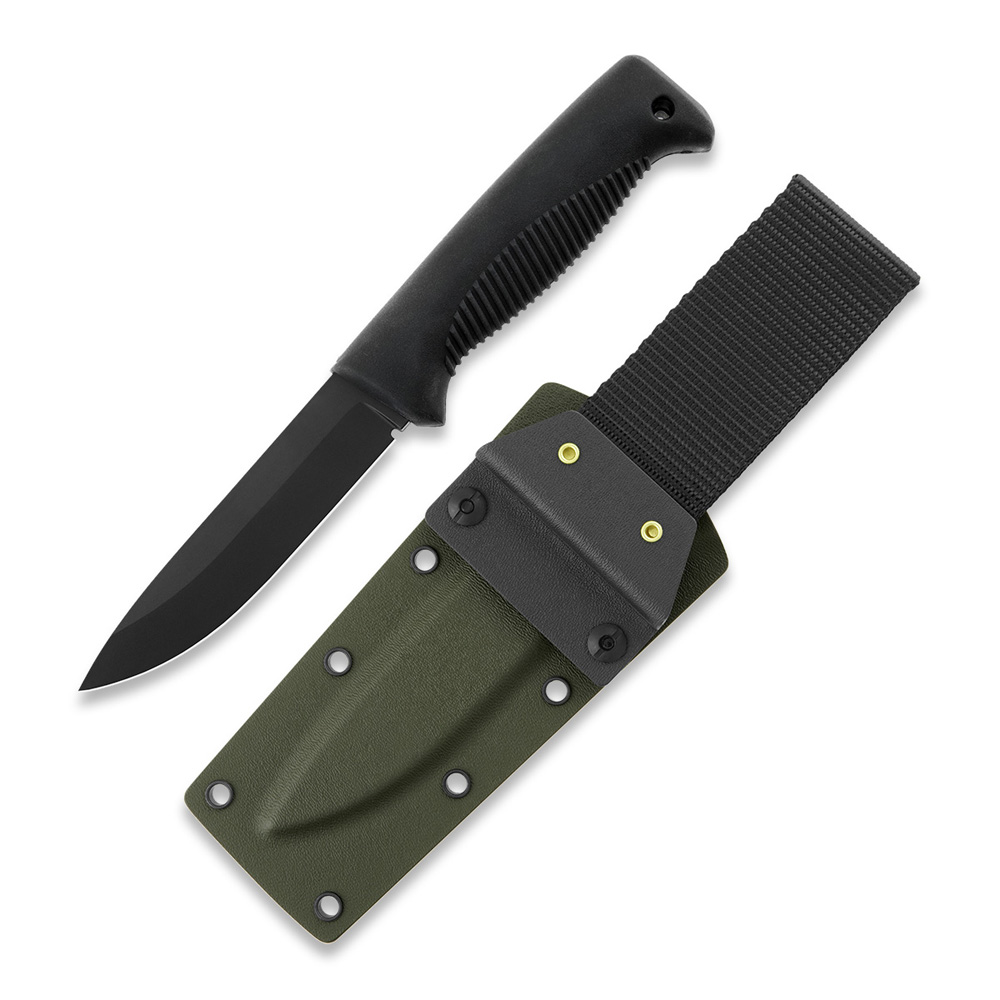 Faca Puukko M07 Ranger com revestimento PTFE preto na lâmina e cabo TPE preto e bainha kydex verde