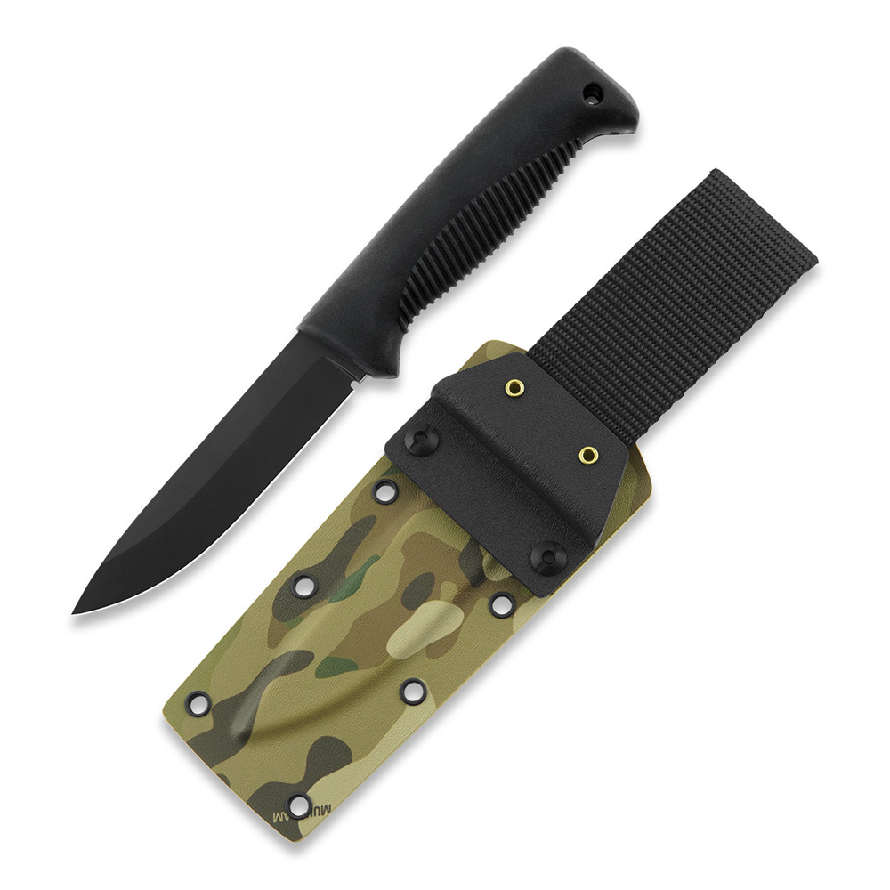 Cuchillo táctico M07 Ranger Puukko con hoja teflonada negra de 11.9 cm, mango de TPE negro y funda de kydex multicam