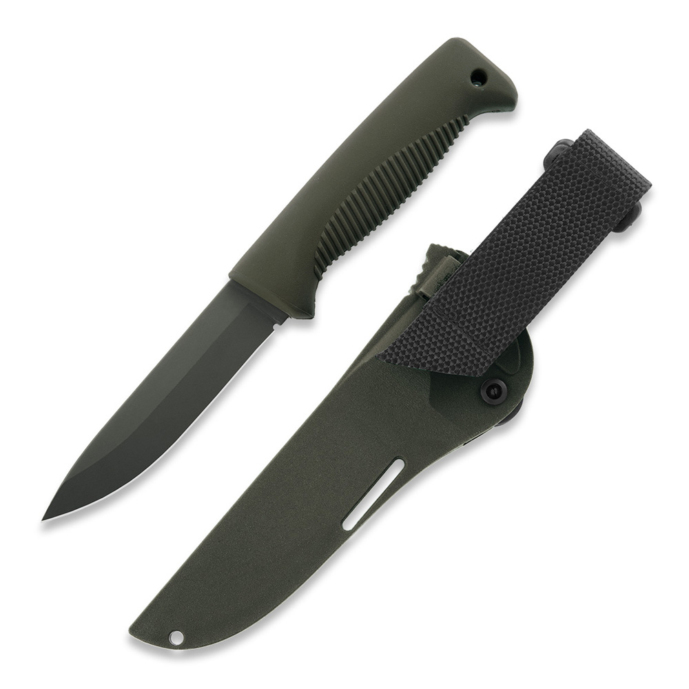 Faca tática Puukko M07 Ranger com lâmina cerakote OD de 11,9 cm, cabo em TPE verde e bainha composta verde