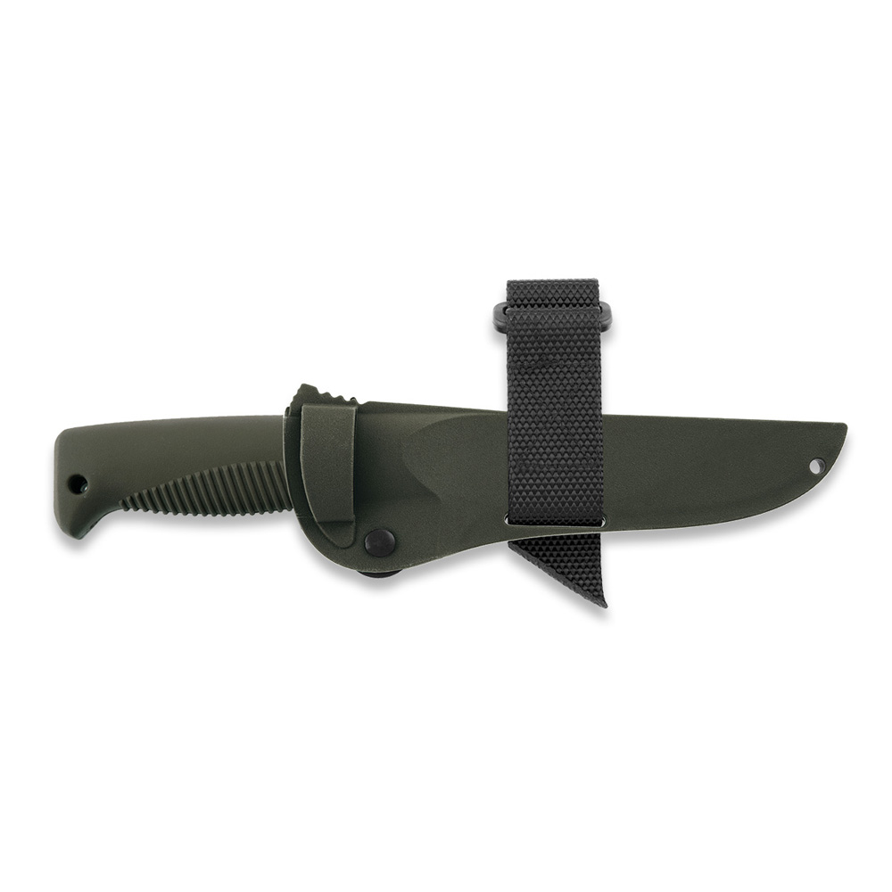 Faca tática Puukko M07 Ranger com lâmina cerakote OD de 11,9 cm, cabo em TPE verde e bainha composta verde