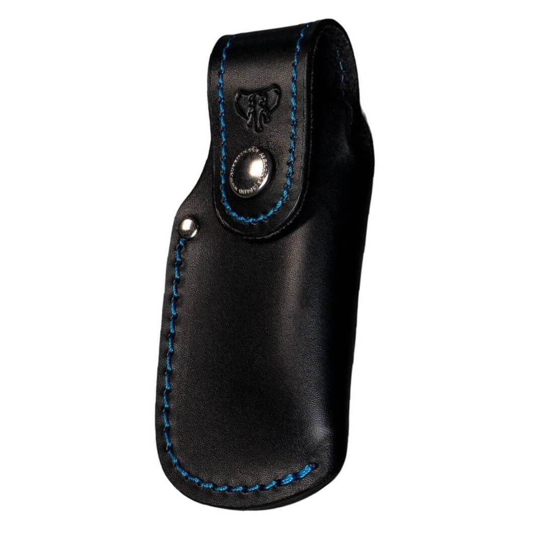 Funda para navaja Cudeman, cuero negro y azul. 9 cm de largo