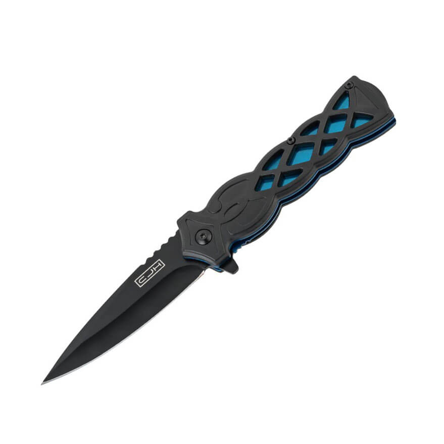 Navaja de bolsillo con mango de plástico negro y hoja de acero in...