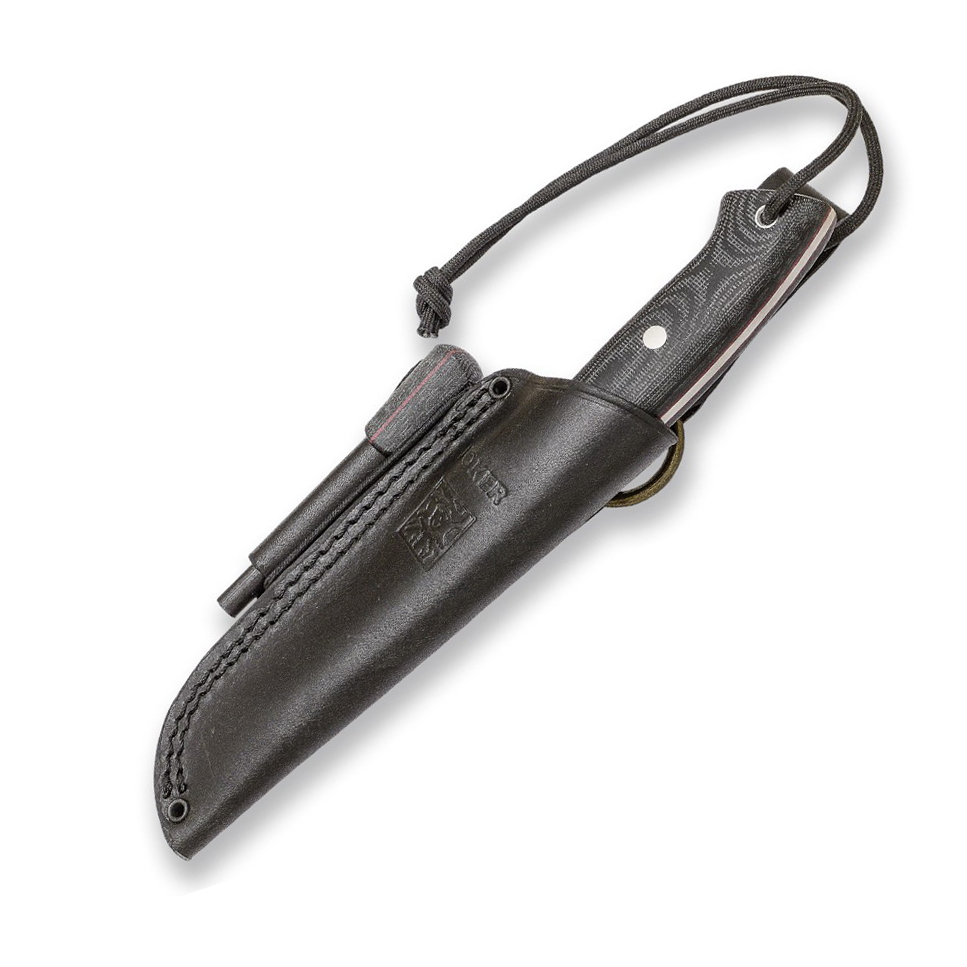 Cuchillo Joker Ranger con mango de micarta canvas. Incluye funda de vaquetilla con pedernal. 