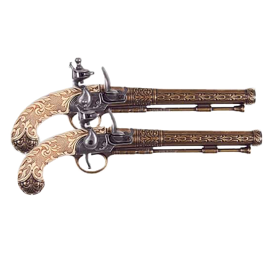 Réplica de pistolas de duelo belgas em latão do século XVIII