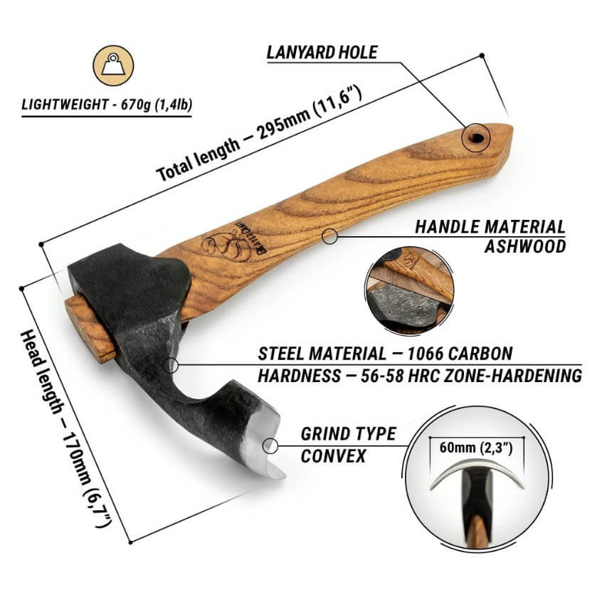 Hacha compacta AX2 con hoja curva y arqueada y mango de madera