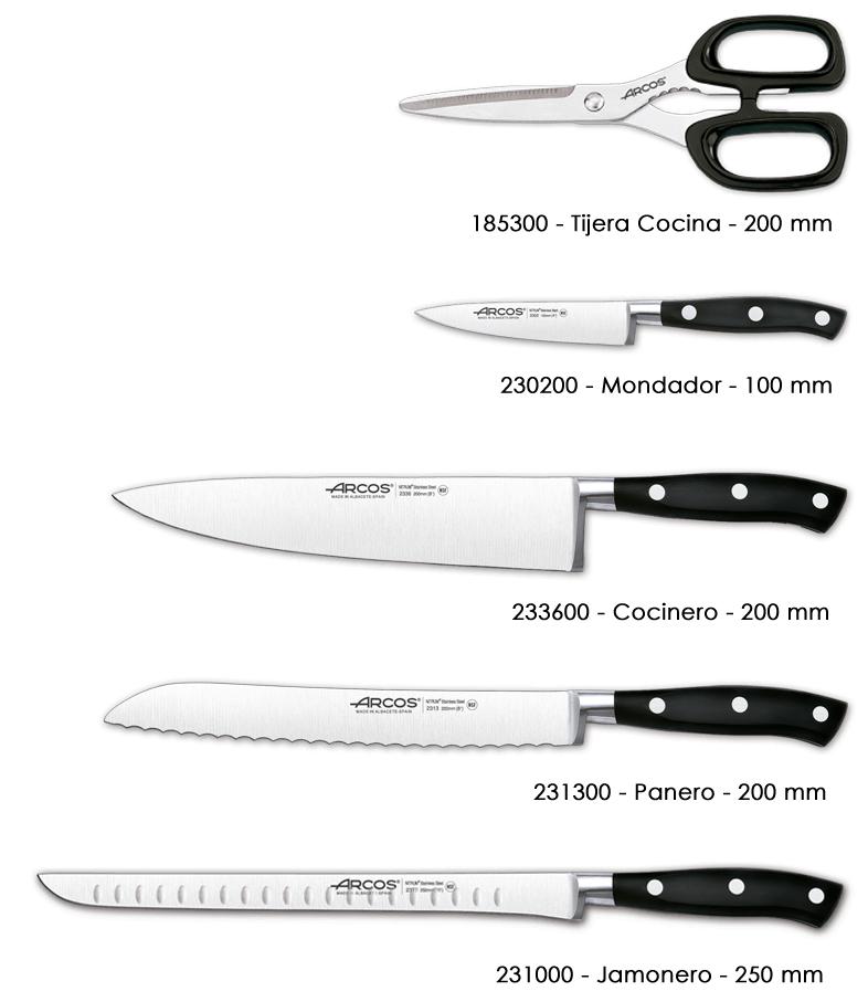 Juego de cocina Arcos Riviera Negra con 4 cuchillos y tijeras
