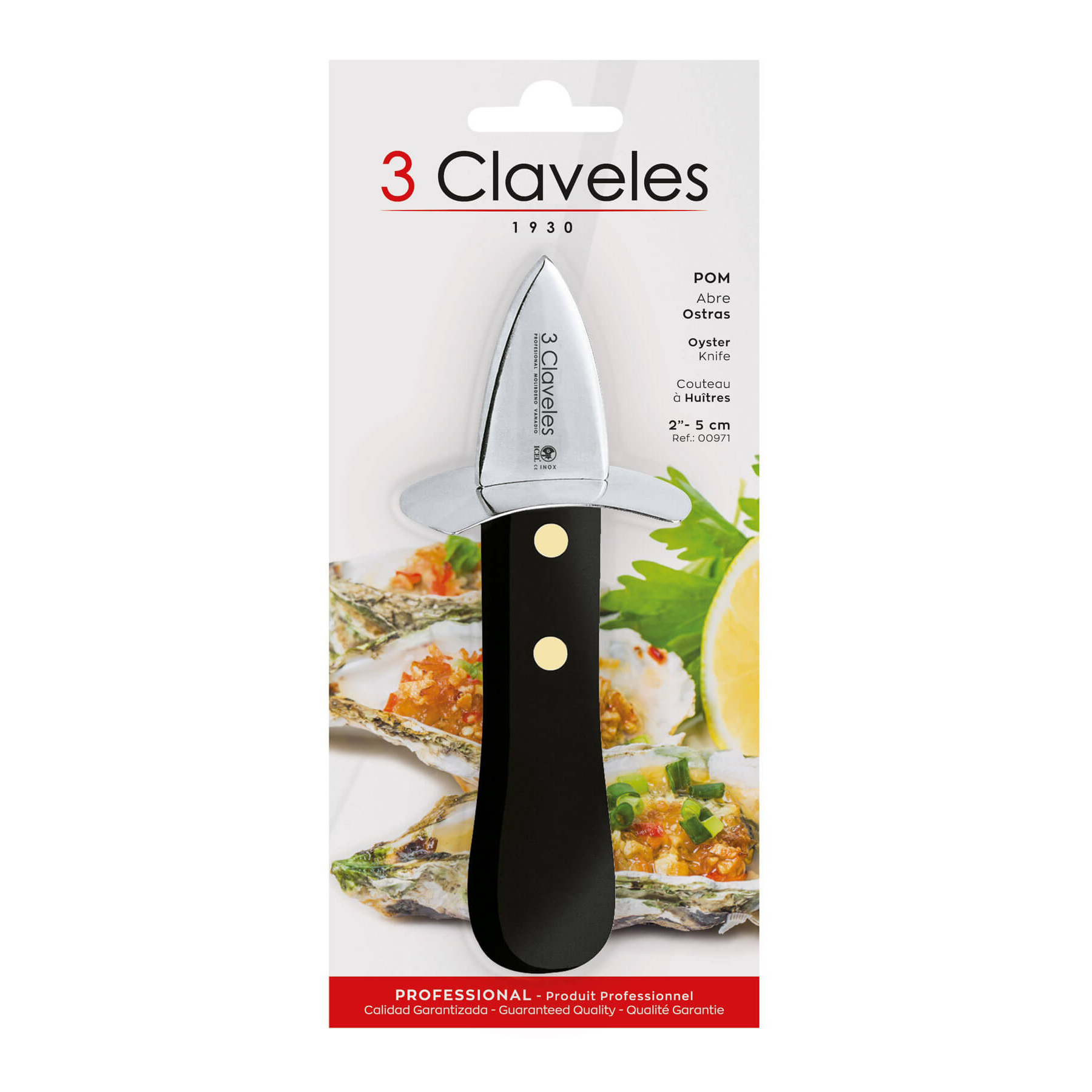 Cuchillo abreostras 3 Claveles con mango de POM y hoja ancha de 5 cm