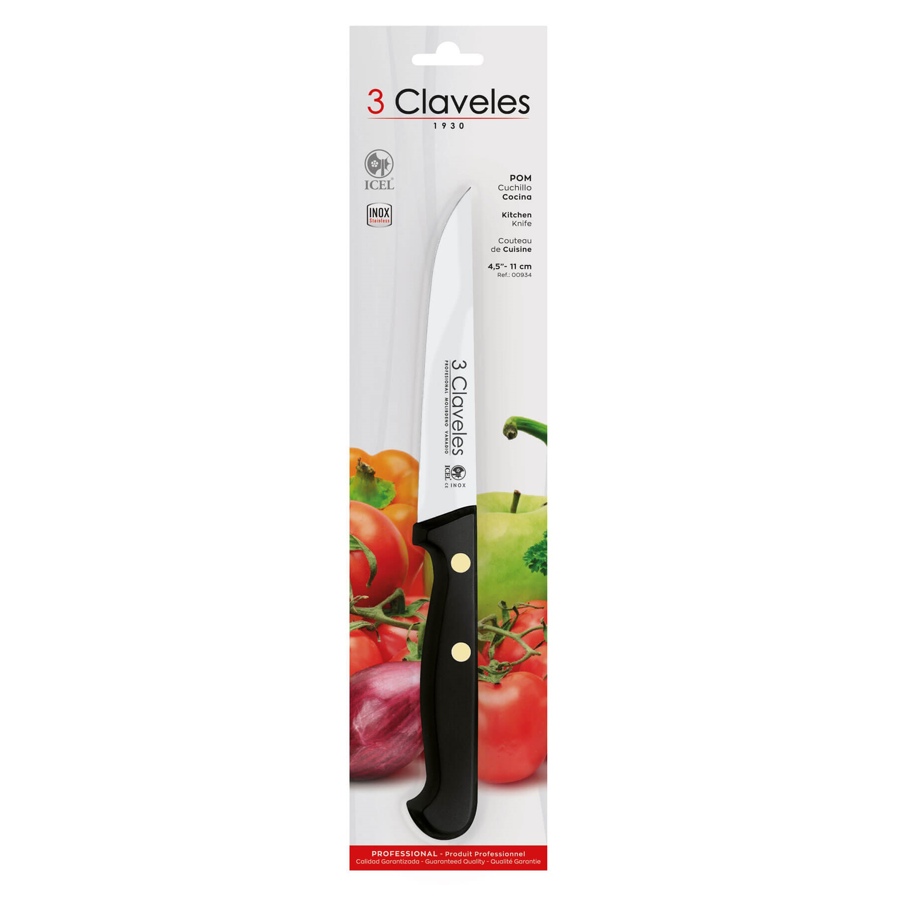 Cuchillo cocinero con hoja de 11 cm y mango pom 3 Claveles presentación blister