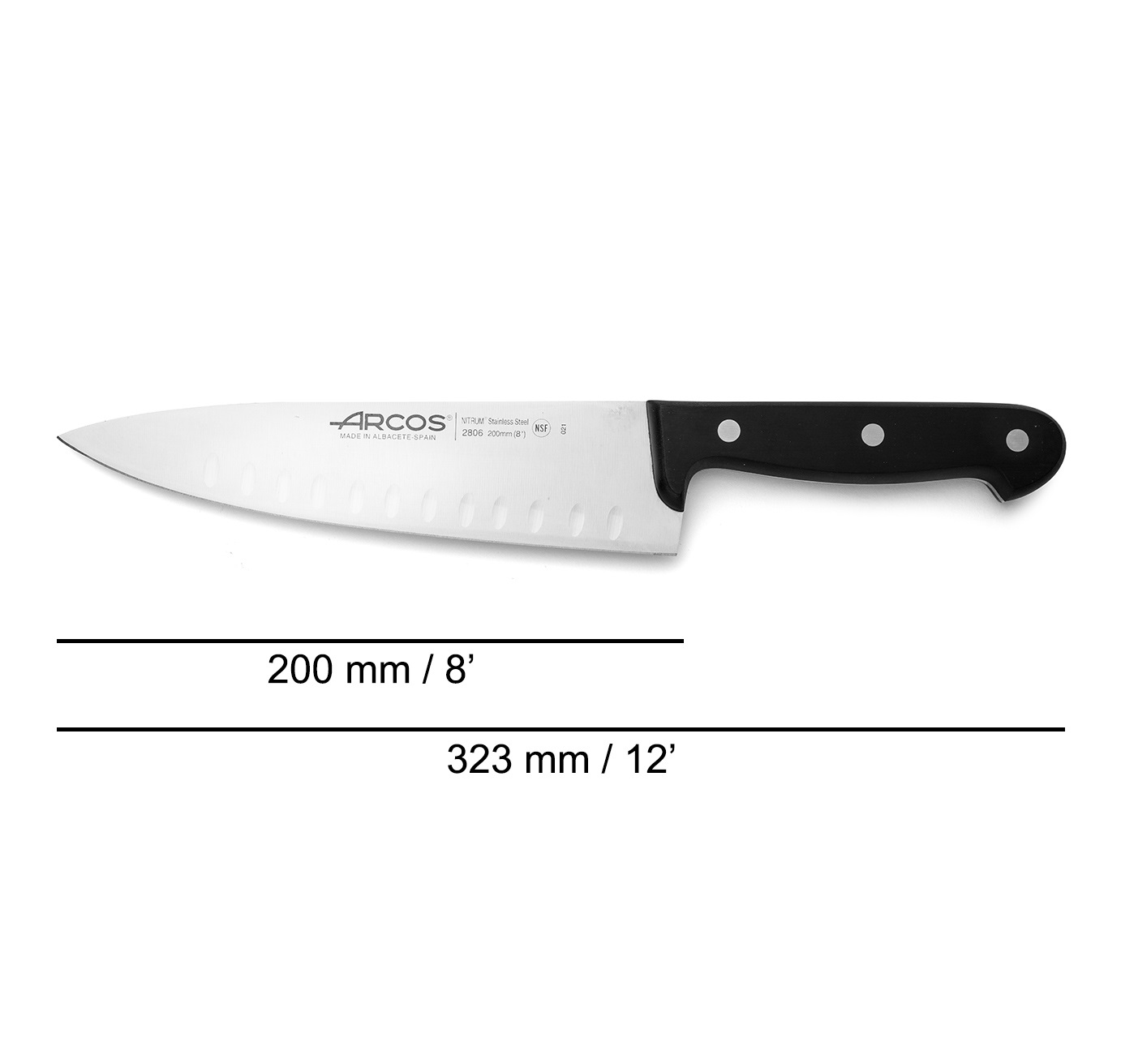 Cuchillo Cocinero Arcos Universal con hoja alveolada de 20 cm y mango de Polioximetileno