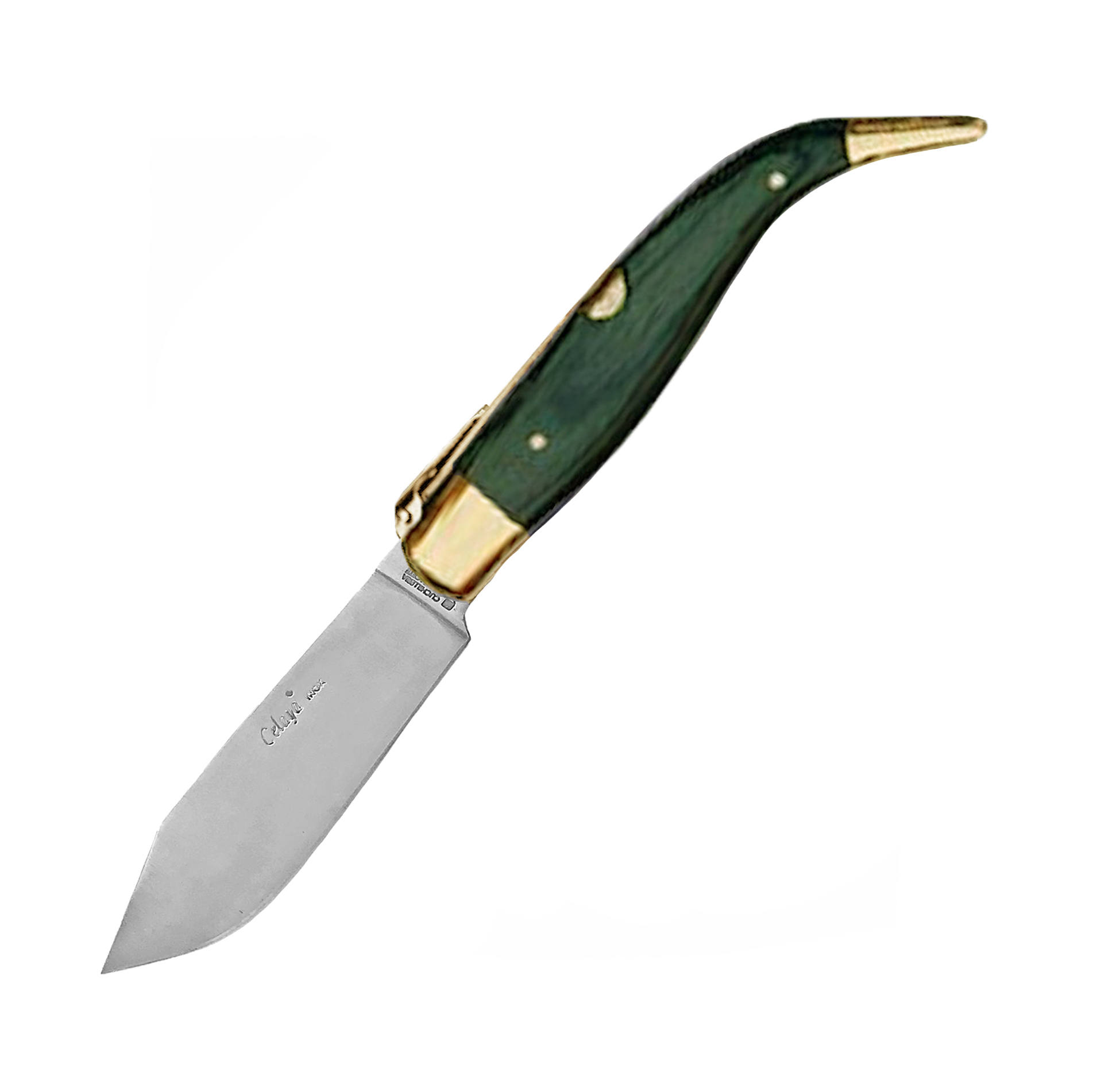 Navaja Pastora artesana con mango de madera verde y virola de lat...