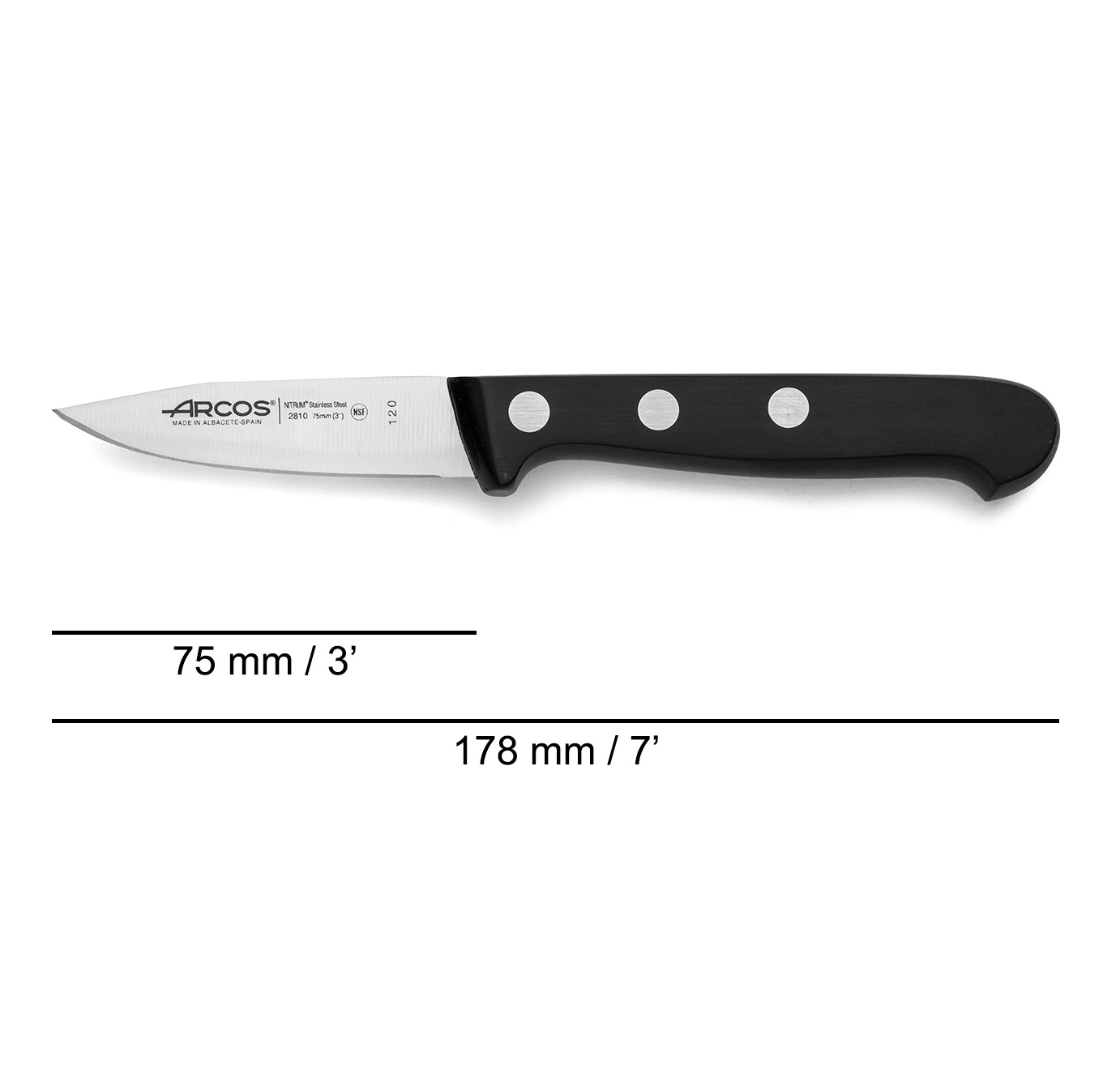 Cuchillo mondador Arcos Universal 75 mm con mango de polioximetileno negro