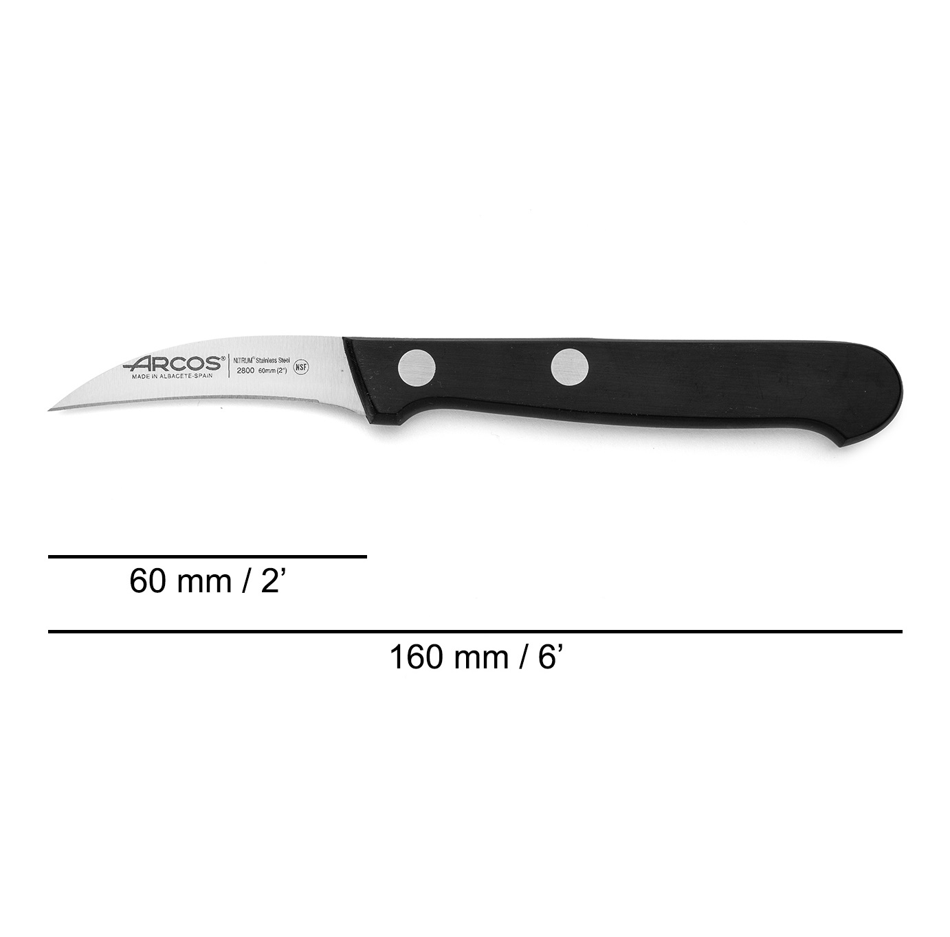 Cuchillo mondador curvo Arcos Universal 60 mm con mango de polioximetileno negro