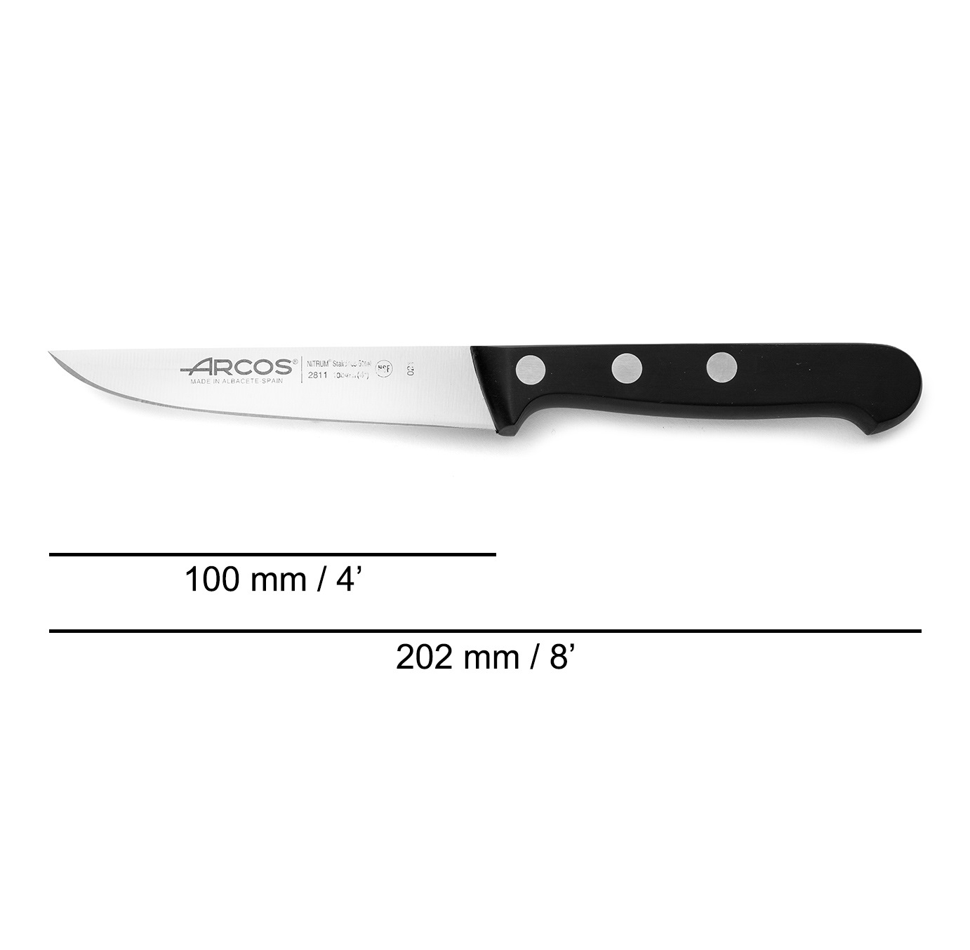 Cuchillo de verduras Arcos Universal con mango de polioximetileno negro y hoja de 100 mm