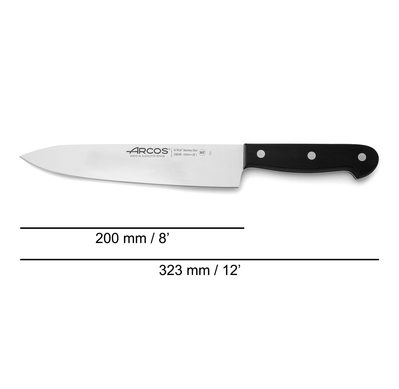 Cuchillo cocinero Arcos Universal con mango de polioximetileno negro y hoja de 200 mm