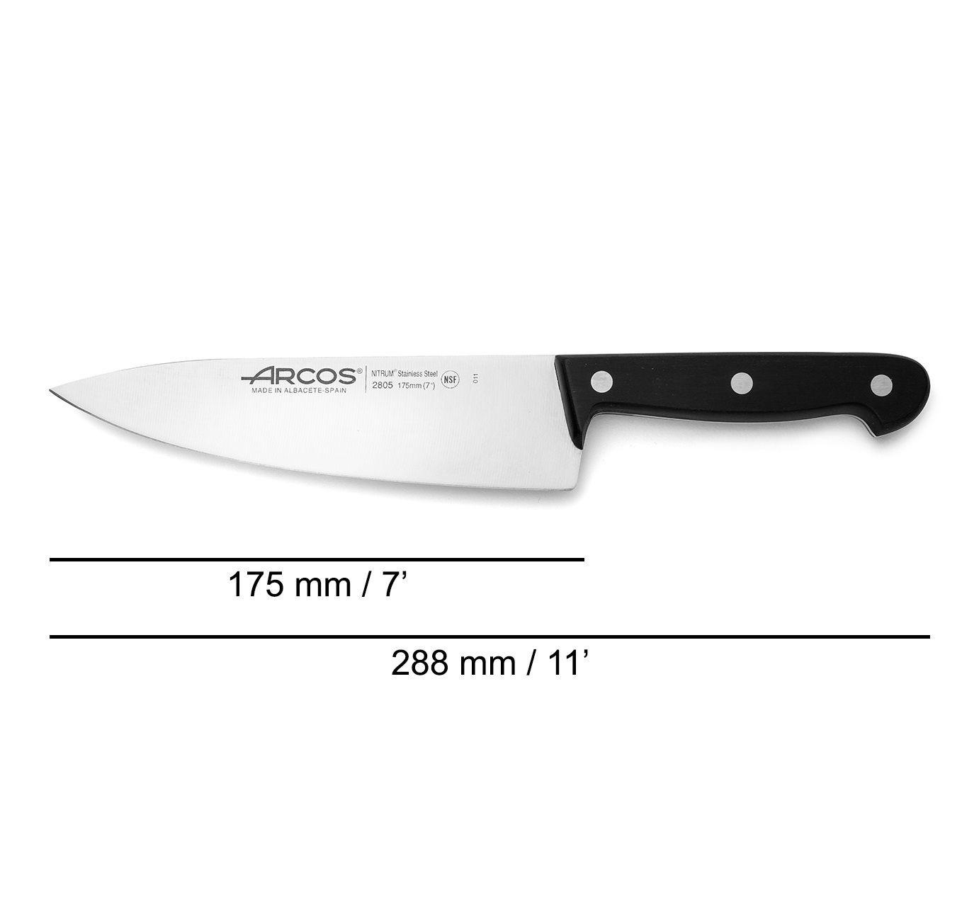 Faca de chef Arcos Universal com cabo em polioximetileno preto e lâmina larga de 175 mm