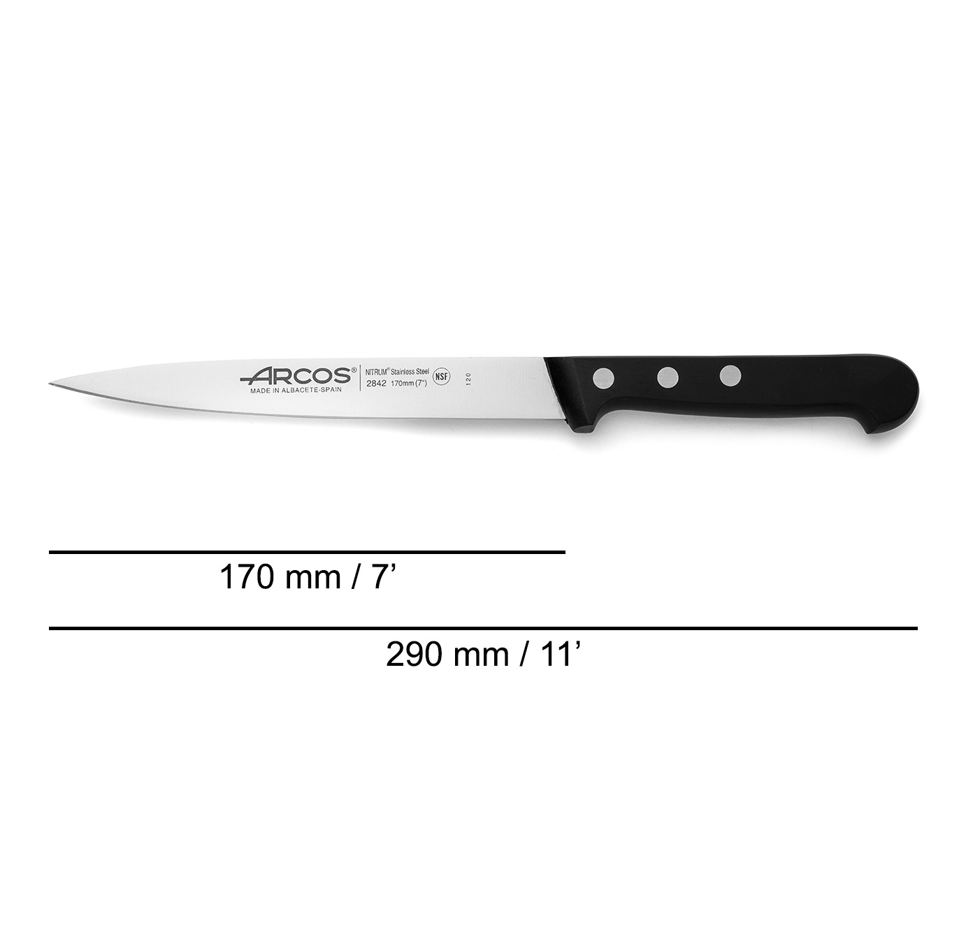 Cuchillo de lenguado Arcos Universal con mango de polioximetileno negro y hoja estrecha de 170 mm