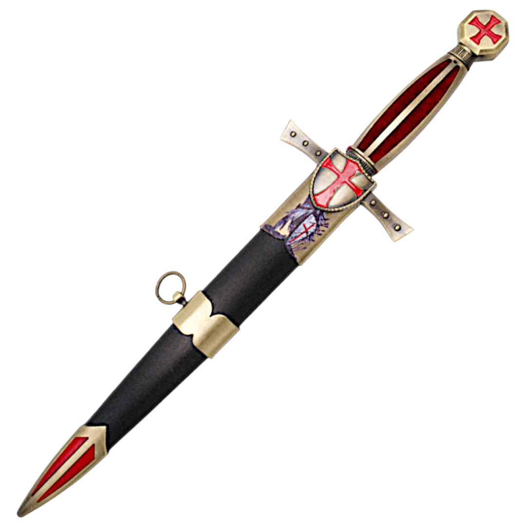 Templar dagger with 22 cm blade and red handle with antique bronze pommel and guard