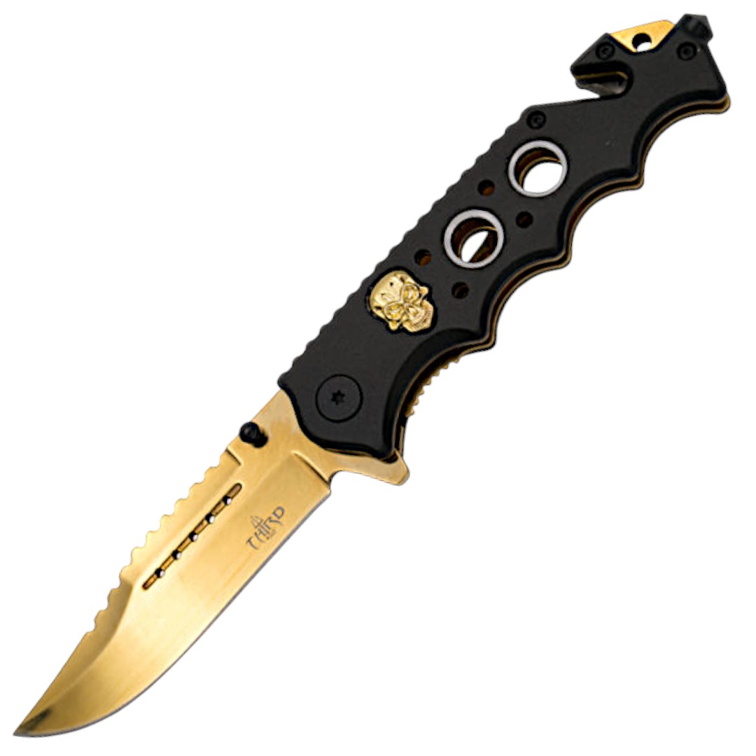 Canivete tático com caveiras banhadas a ouro 17141D
