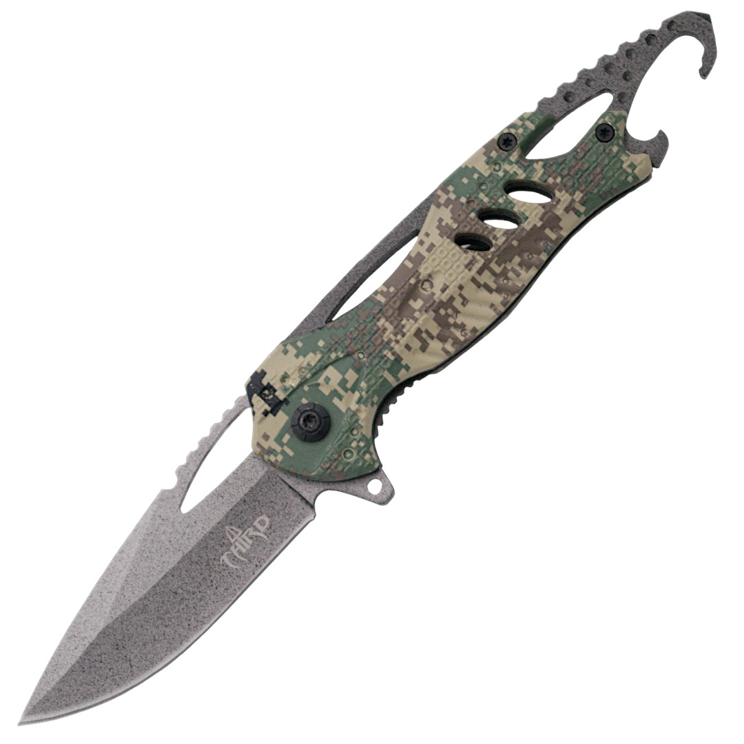 Canivete tático camuflado com abridor de garrafas