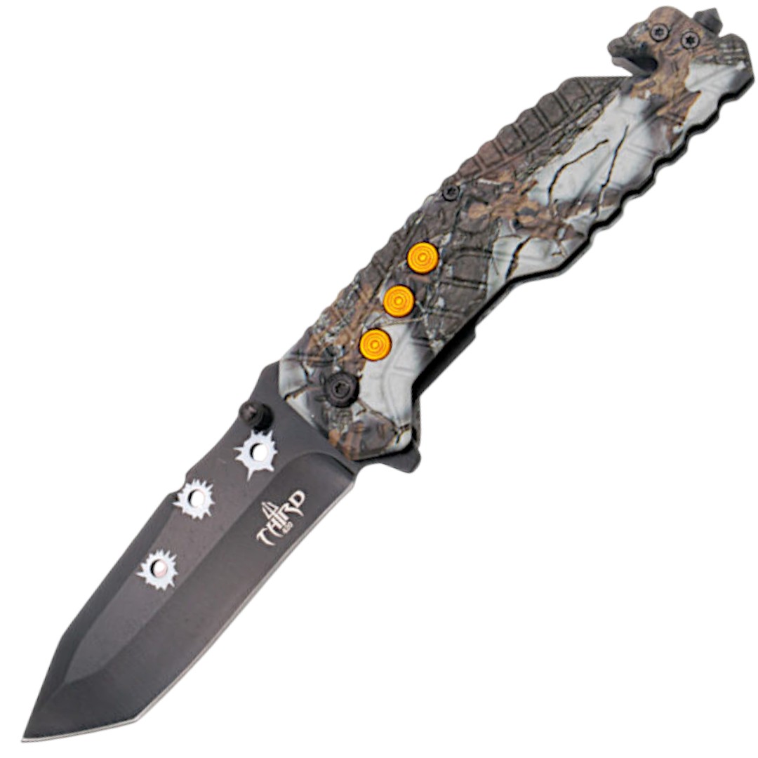 Canivete tático com orifícios na lâmina e cortador de cintos cinz...