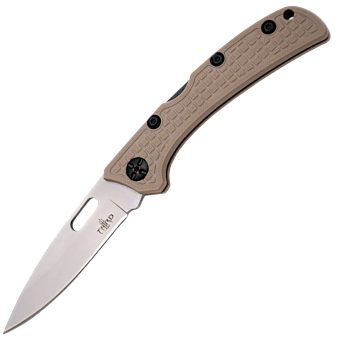 Canivete castanho com cabo em fibra de nylon e fecho de bloqueio