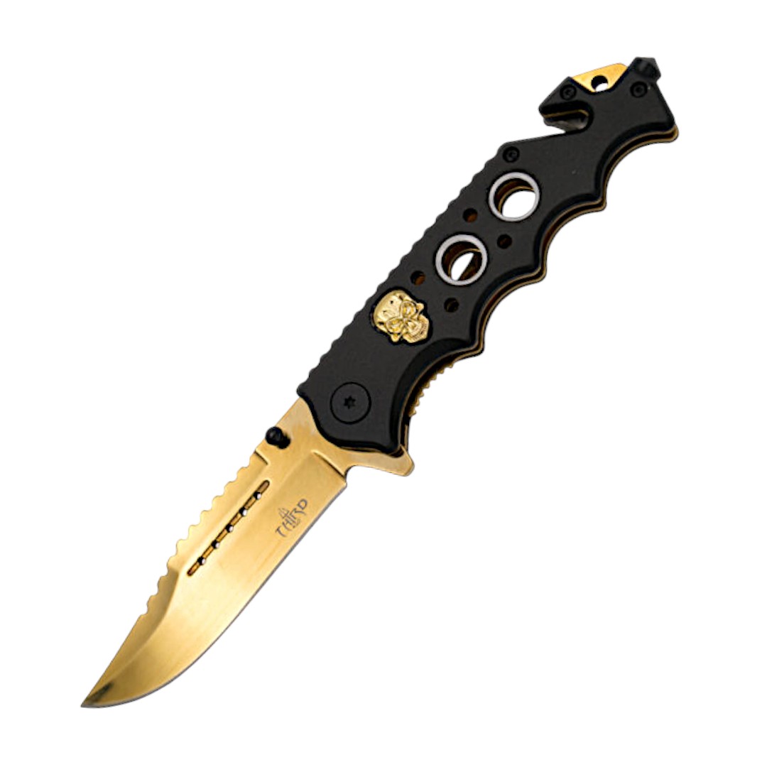 Couteau de poche avec tête de mort dorée Ruée vers l'or