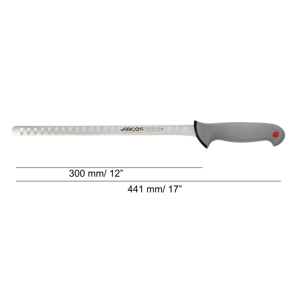 Cuchillo jamonero punta redonda Arcos con hoja alveolada de 30 cm Colour prof mango doble inyección gris