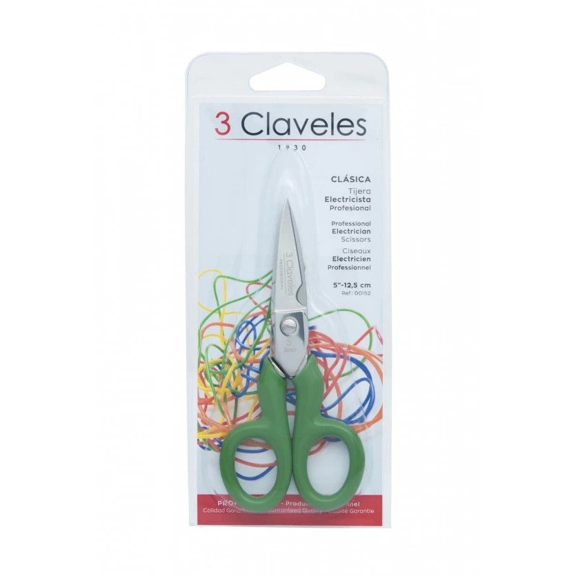 Tijeras electricista clásica profesional de 12,5 cm con mango de PVC aislante verde  3 Claveles