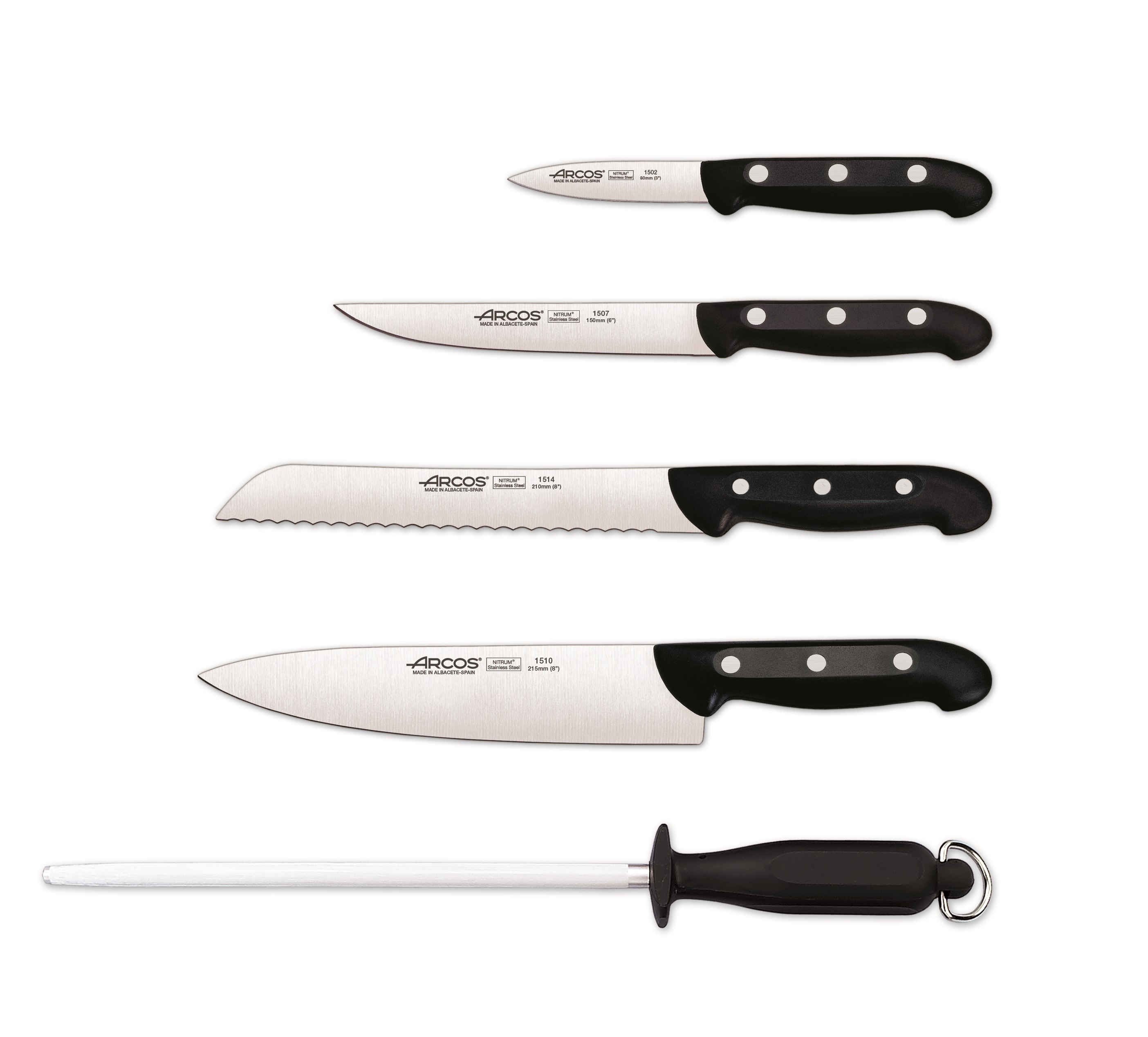 Juego de cocina 5 piezas y taco Arcos Maitre con mango de polipropileno negro