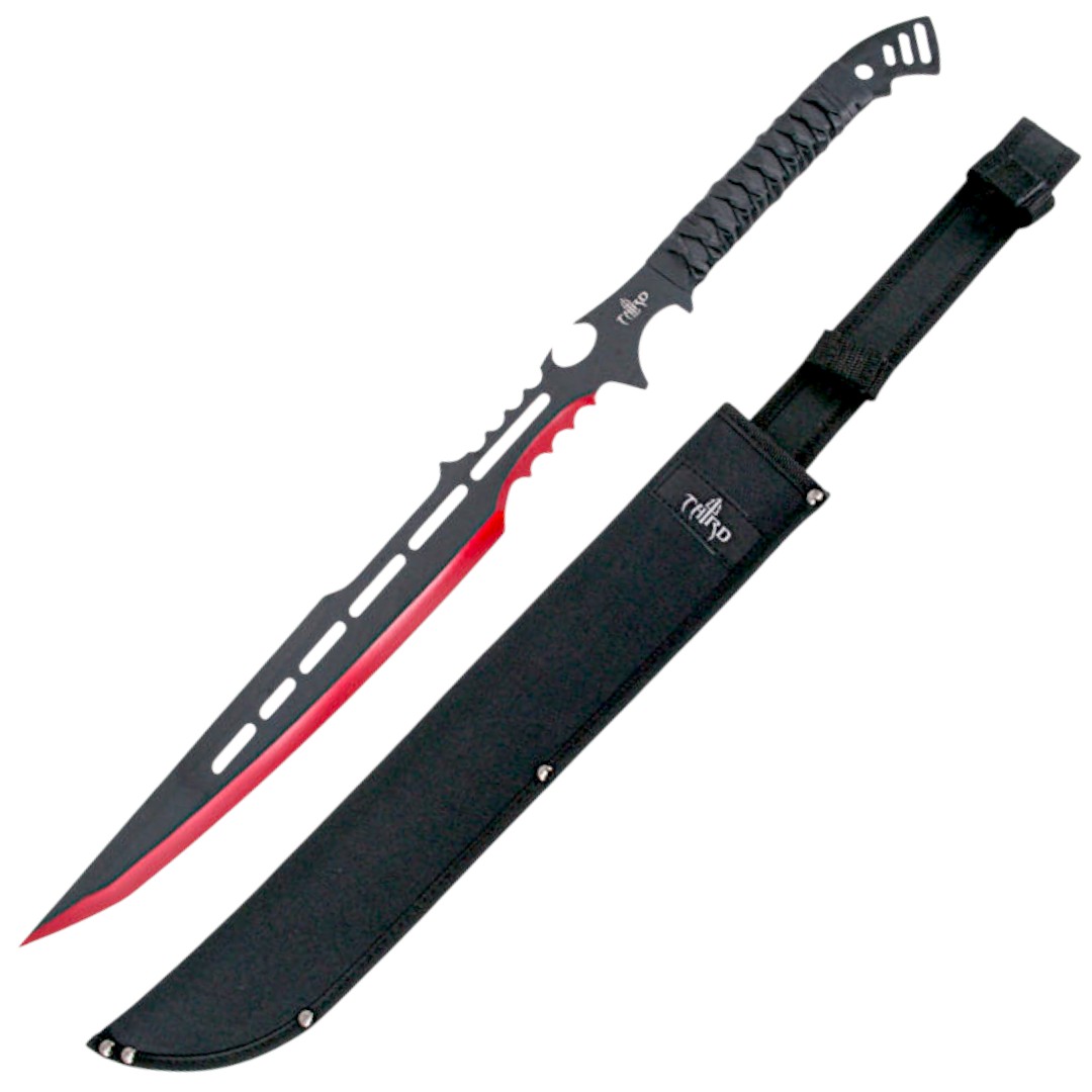 Machete preto e vermelho com cabo trançado preto