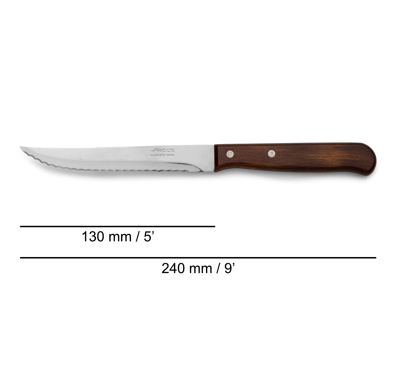 Cuchillo de cocina Arcos serie latina con mango de madera y hoja dentada de 130 mm blister